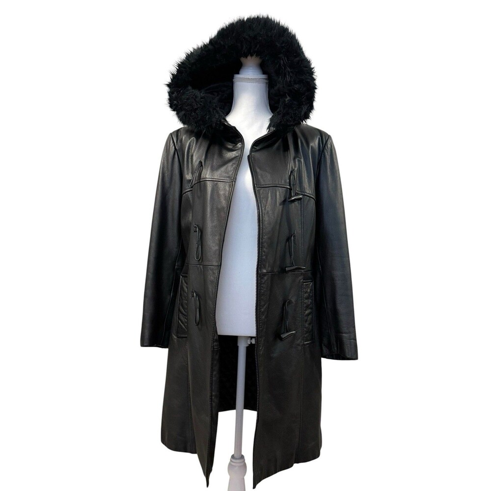 Vintage Wilsons Leather Maxima Black Leather Faux Fur Hood Toggle Coat M - Picture 2 of 16